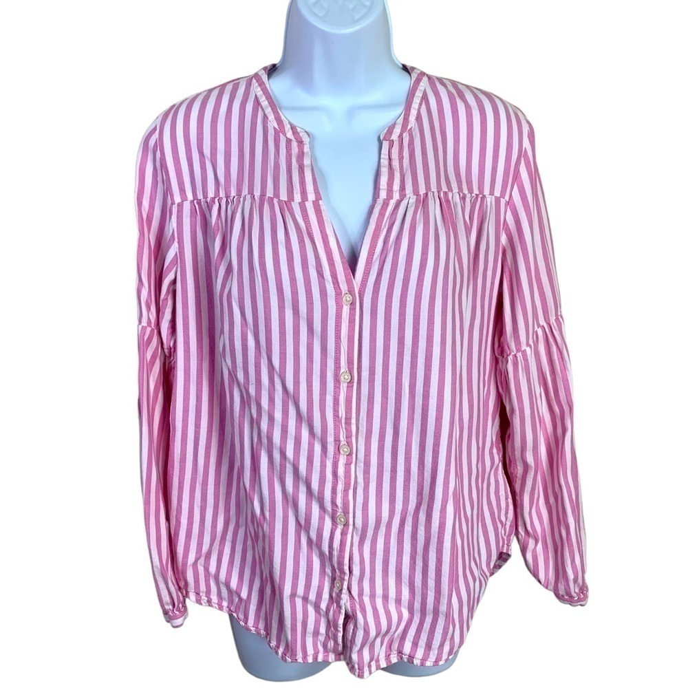 M Old Navy Pink White Stripe Long Sleeve Peasant Top Medium 8 10